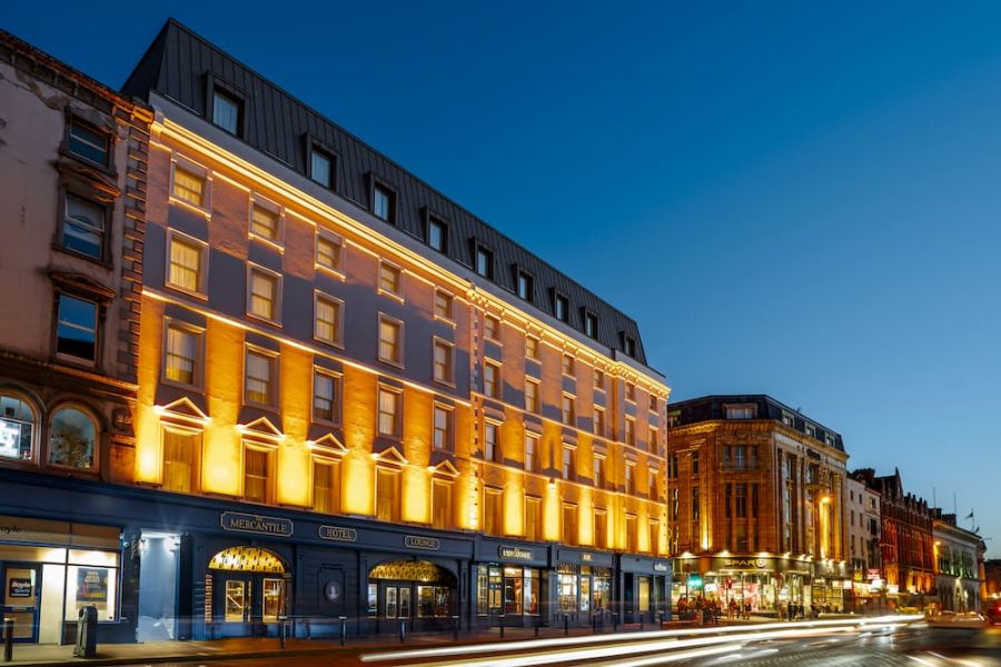 Exterior night shot of the Mercantile Hotel from Dame Street