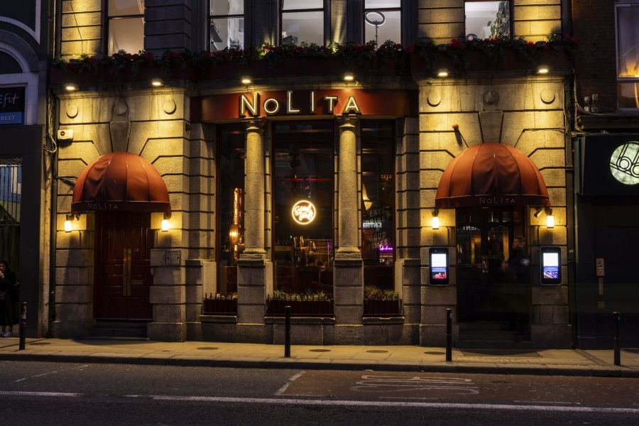 A photo of the NoLIta exterior at night time